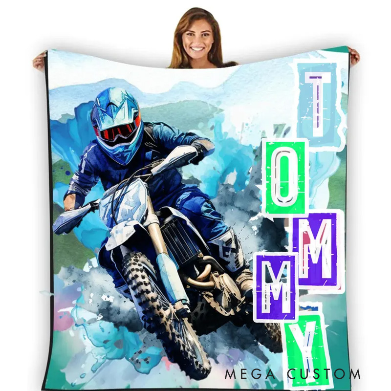 Personalized Dirtbike Fleece Blankets for Boys With Name on Customable Motocross Gifts