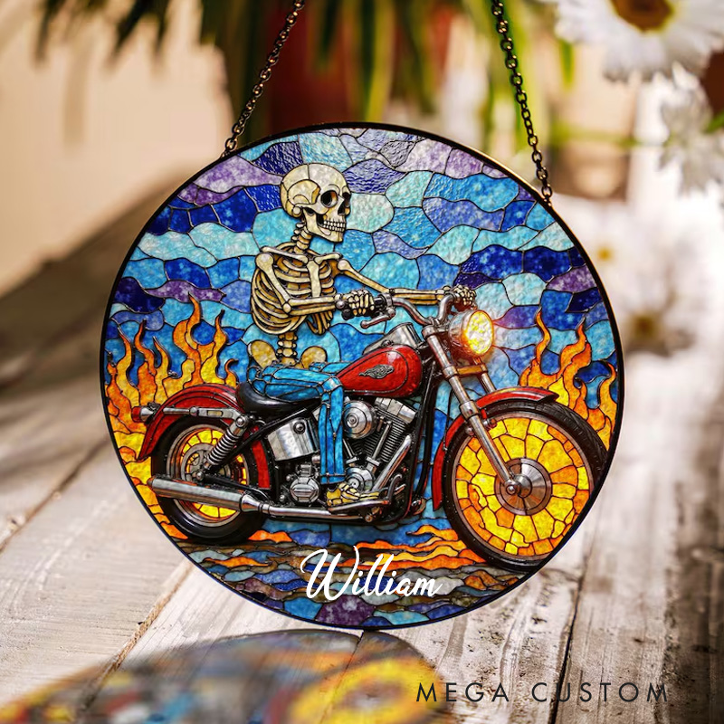 Personalized Skeleton Riding Motorcycle Stained Glass Suncatcher Gothic Window Decor Gift for Biker Friend