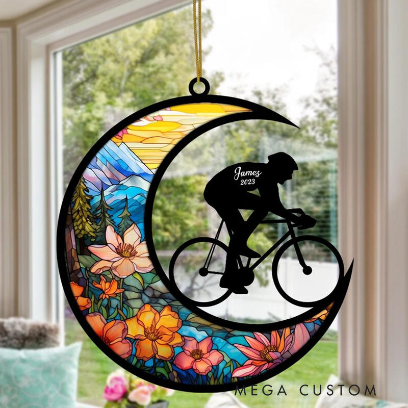 Personalized Cycling Suncatcher Ornament Custom Sports Gift Window Decoration for Cyclists and Bike Lovers