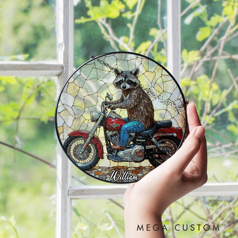 Personalized Raccoon Riding Motorcycle Round Glass Suncatcher Funny Animal Sun Catcher Gift