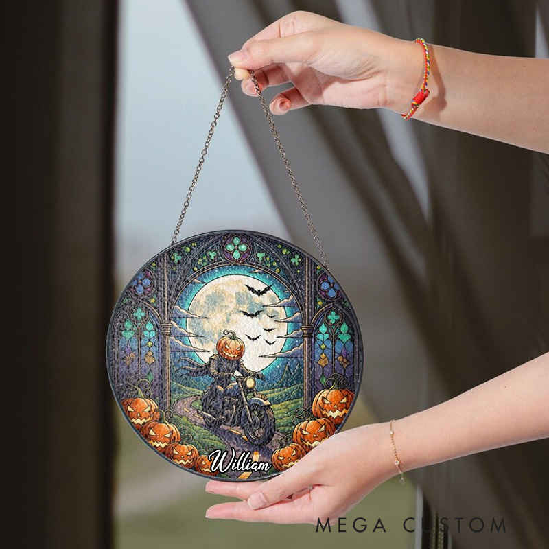 Personalized Pumpkin Rider Stained Glass Suncatcher Halloween Window Hanging Full Moon and Gothic Arches
