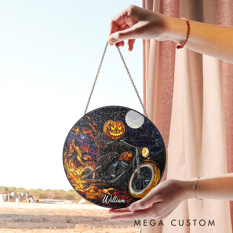 Personalized Pumpkin Rider Stained Glass Suncatcher Fiery Motorcycle Design Gothic Flame Art