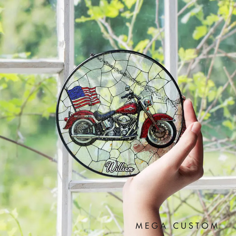 Personalized American Flag Red Motorcycle Stained Glass Suncatcher Window Decor Patriotic Gift