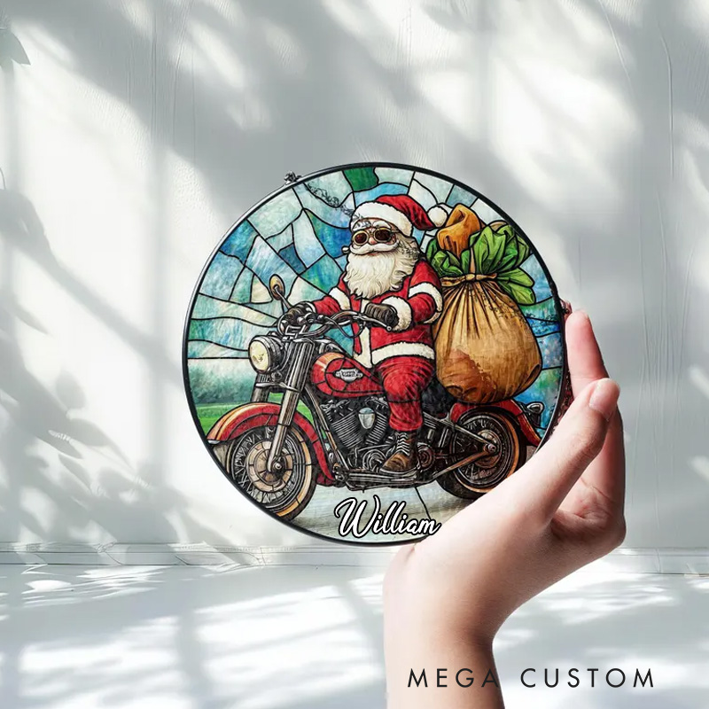 Personalized Stained Glass Santa Claus on Motorcycle Unique Christmas Holiday Decor