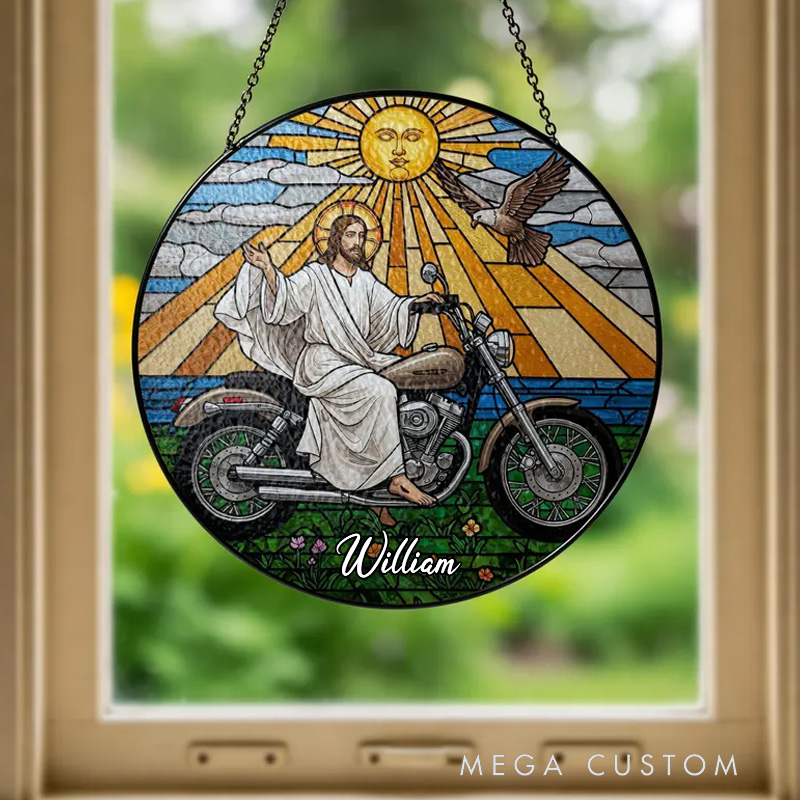 Personalized Jesus on Motorcycle Suncatcher Christian Biker Window Decor