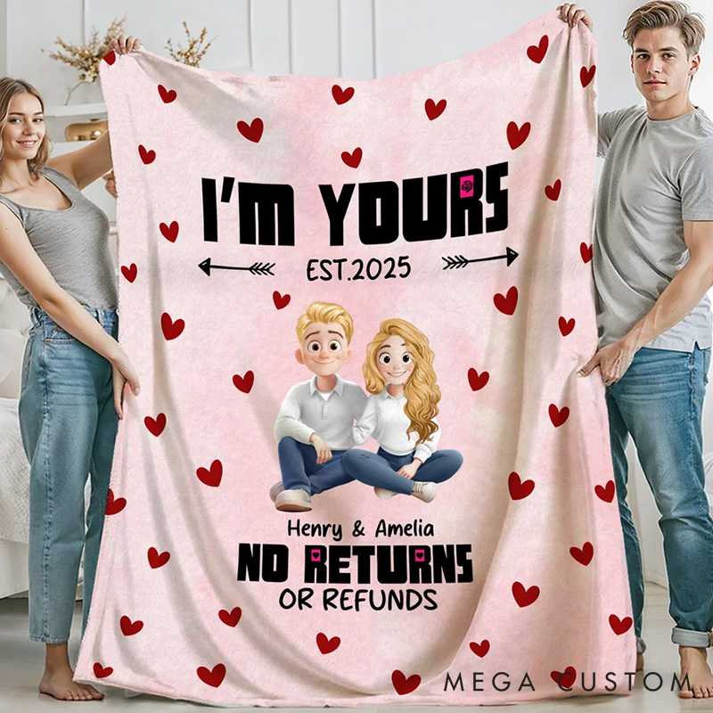 Personalized I'm Yours Couple Blanket Cute 3D Cartoon Couple Soft Throw Blanket with Name and Text Valentine's Day Anniversary Gift for Couples Lovers