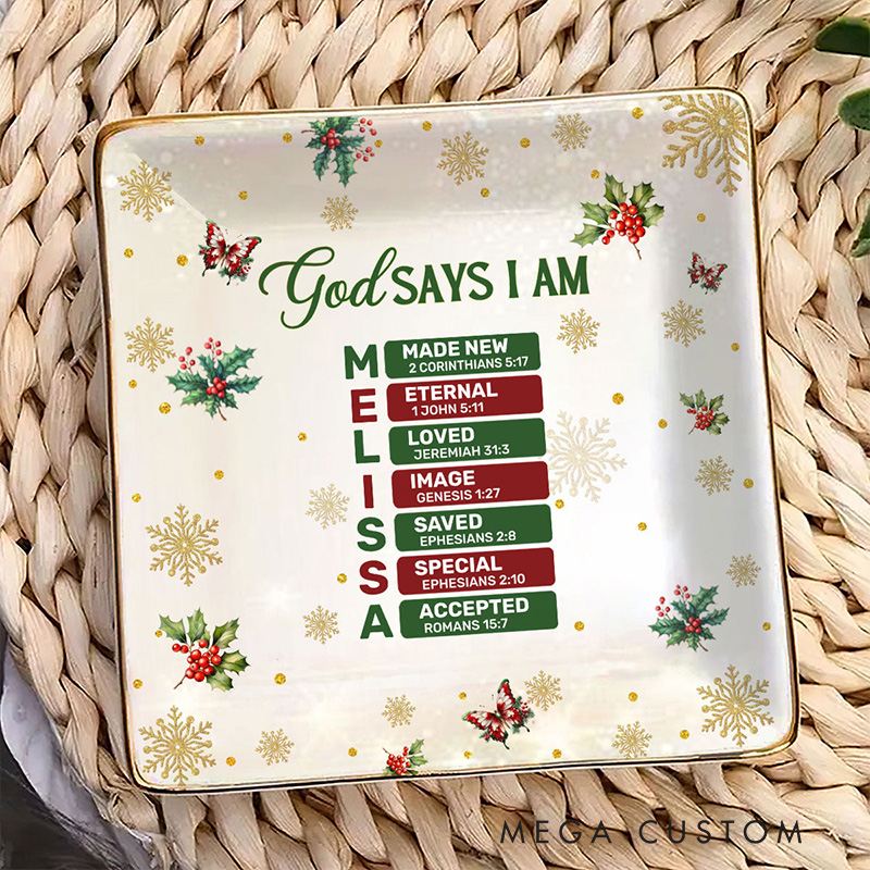 Personalized God Says i am Bible Chapter Ceramic Square Ring Dish with Name Religious Gift for Christians