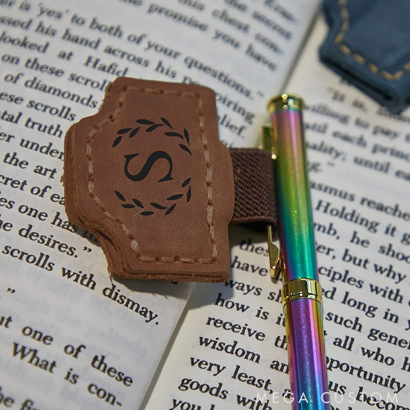 Personalized Logo Leather Book Mark with Pen Holder Engraved Magnetic Bookmark Leather Magnetic Pen Loop for Notebook Book Lover Gifts