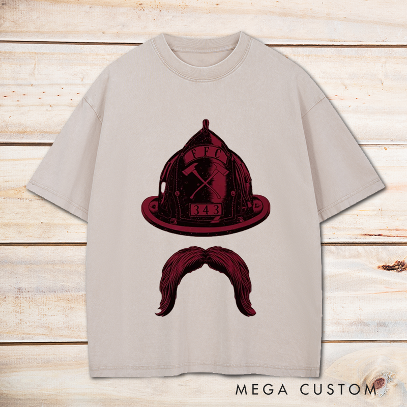 Personalized Firefighter Washed T-Shirt Fire Helmet and Mustache Minimalist Design Unique Gift for Firefighters