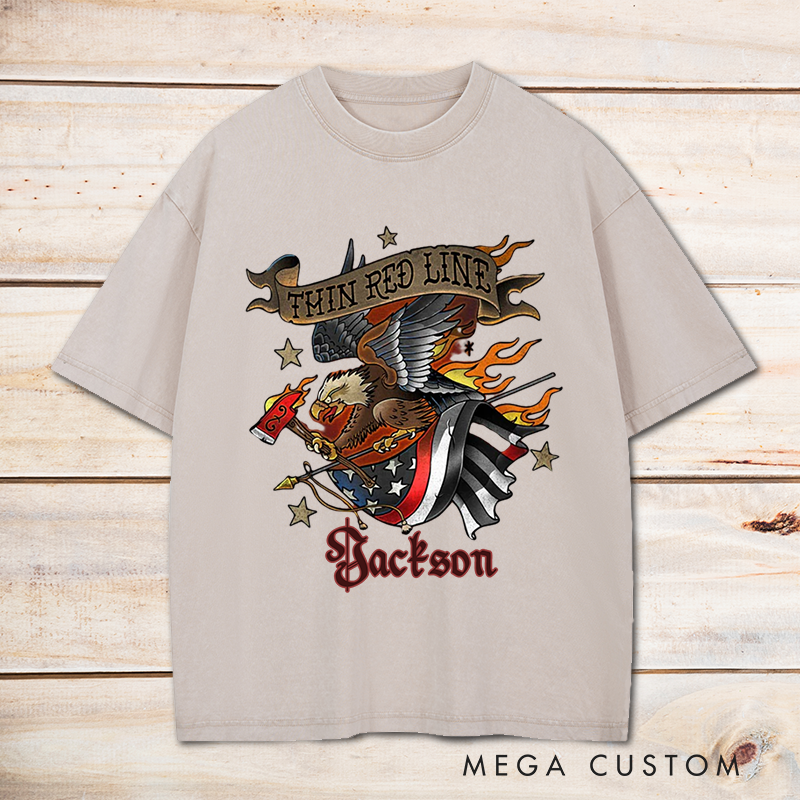 Personalized Firefighter Washed T-Shirt Thin Red Line Eagle and Flag Patriotic Design Unique Gift for Firefighters