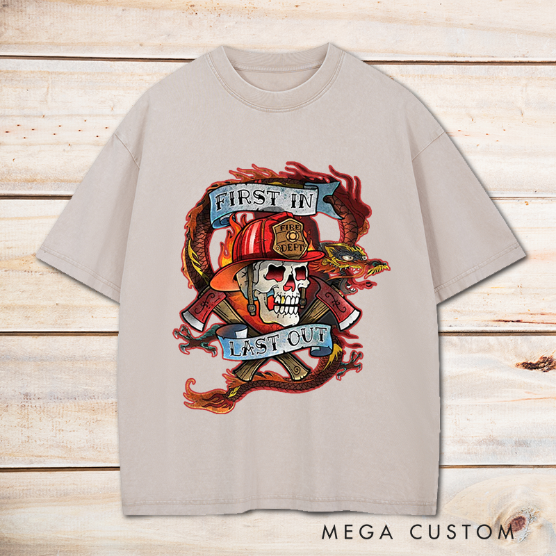 Personalized Firefighter Washed T-Shirt First In Last Out Skull and Fire Helmet Design Unique Gift for Firefighters