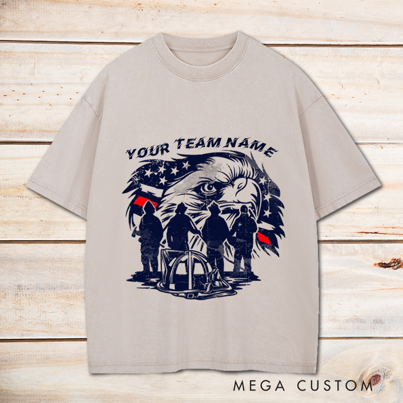 Personalized Firefighter Washed T-Shirt Custom Team Name Bald Eagle and Firefighter Silhouette Design Gift for Firefighter Teams