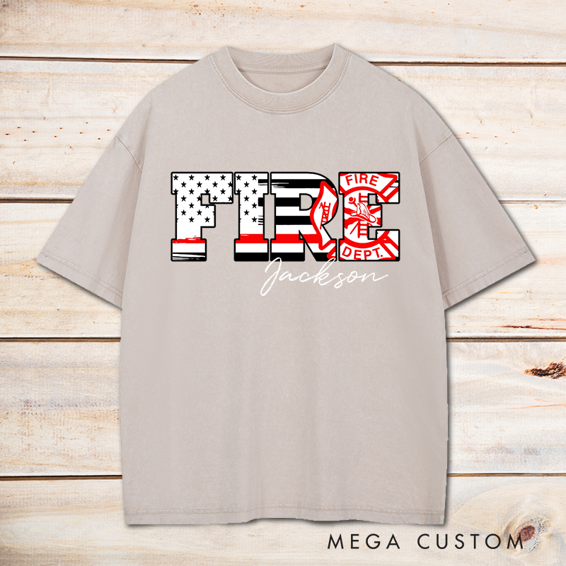 Personalized Firefighter Washed T-Shirt FIRE Lettering with Patriotic and Fire Dept Design Gift for Firefighters