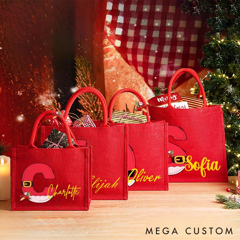 Personalized Red Hemp Gift Tote Bag Traveling Santa Reusable with Initials Printed Exclusively for Christmas Parties