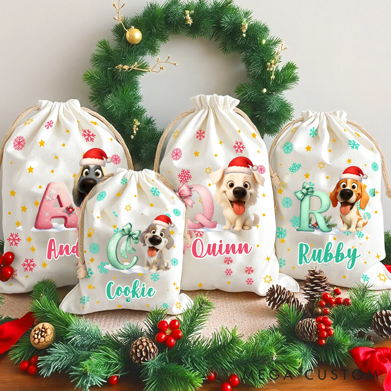 Personalized Dog Lover Cute Cartoon Santa Hat Snowman with dog Christmas Sack