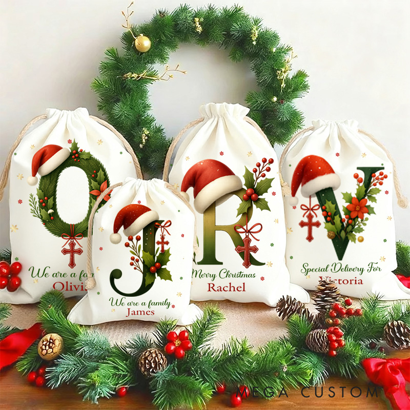 Personalized Cross Santa Hat Initial Drawstring Canvas Christmas Gift Bag with Name Text Christmas Party Gift Religious Gift