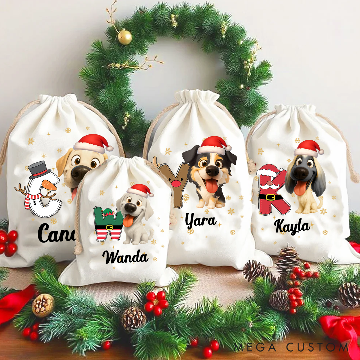 Personalized Dog Lover Snowman Reindeer Initial with dog Christmas Sack