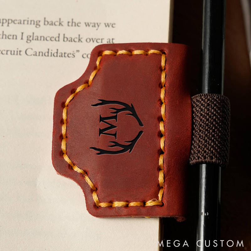 Personalized Leather Magnetic Bookmark with Pen Clip Engraved Magnet Book Clip Design with Name or Initials Handmade Reader Gift
