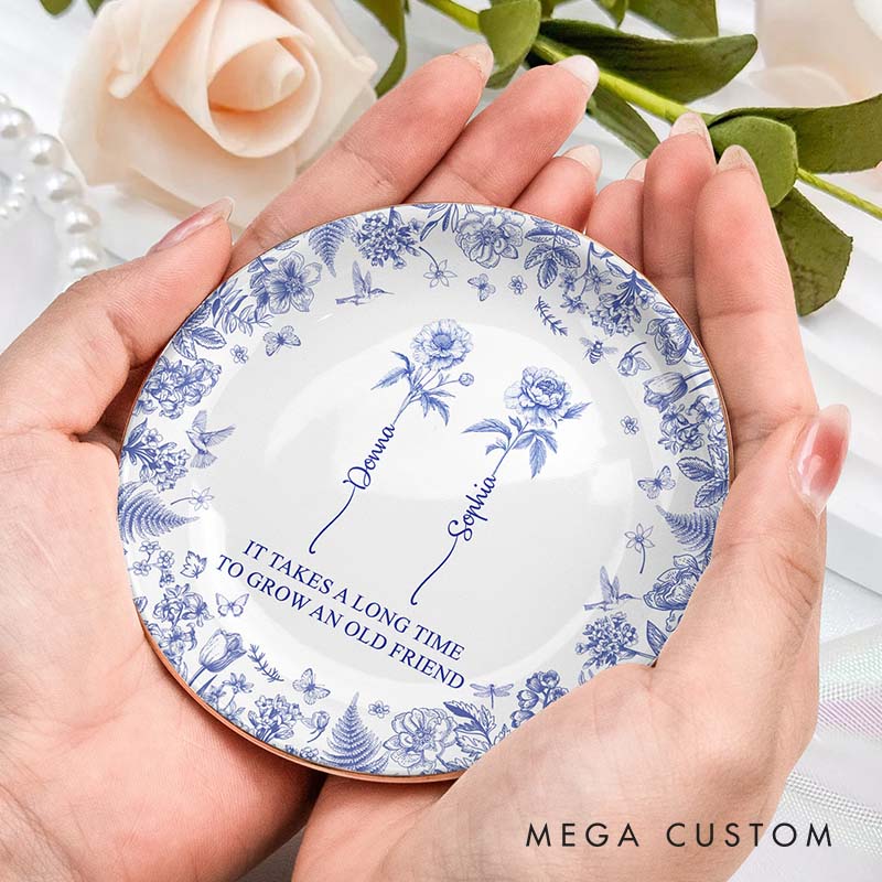 Personalized Bridesmaid It Takes A Long Time To Grow An Old Friend Round Ring Dish Bride Birth Flower Toile De Jouy Ring Dish Bachelorette Party