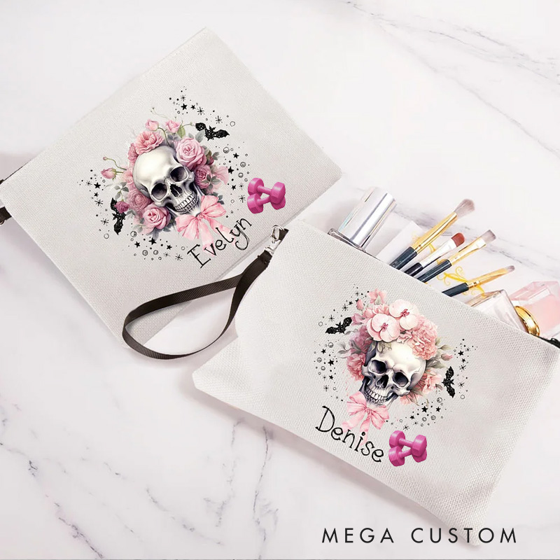 Personalized Gym Makeup Bag Pink Floral Skull Bats Makeup Bag with Name Halloween Gift for Women