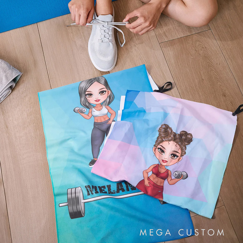 Personalized Cartoon Fitness Girl Design Super Absorbent Portable Sport Towel with Name Gym Workout Birthday Gift for Sports Lovers
