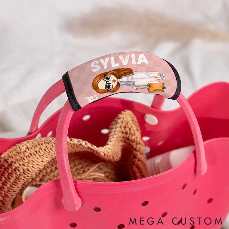 Personalized Travel Is My Therapy Cartoon Character Set of 2 Luggage Handle Wraps with Name and Contact Card Travel Accessories Gift for Travel Lovers