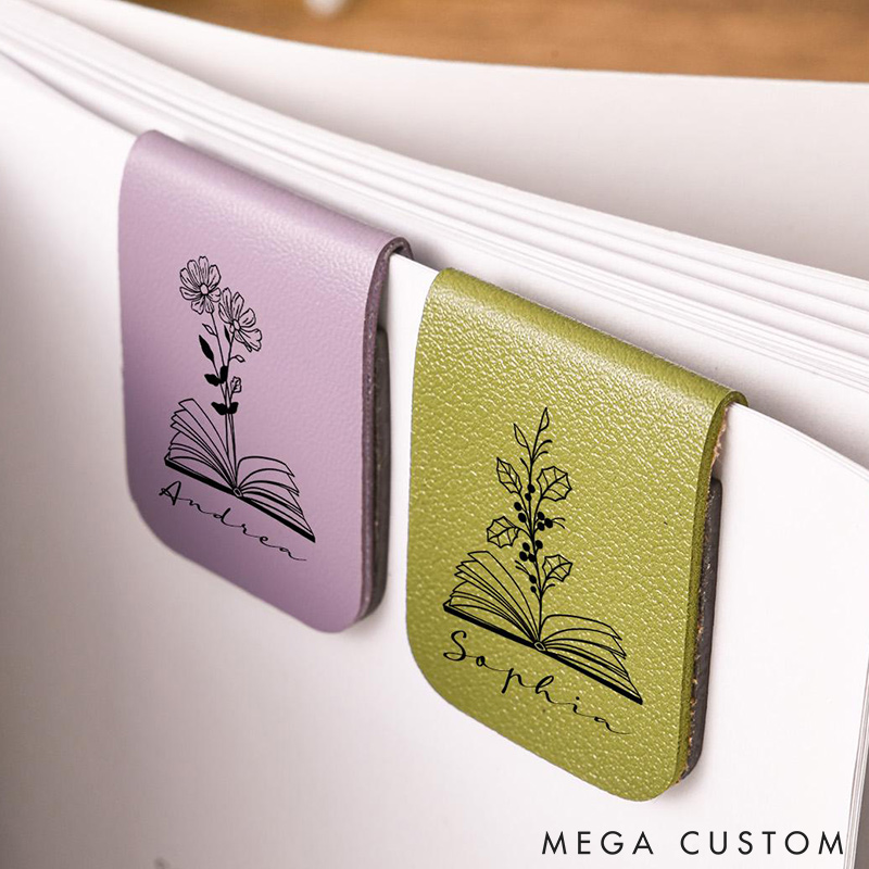 Personalized Name Bookmark with Birth Flower Custom Leather Birth Flower Bookmark Magnetic Bookmark Book Lover Gift Book Accessory