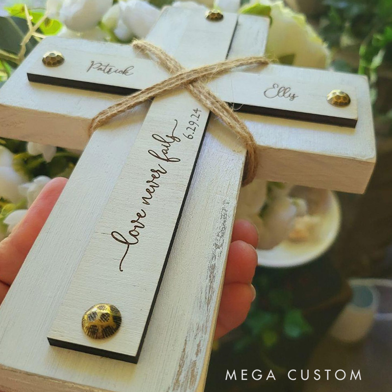 Personalized Love Never Fails Wood Wall Cross with Name Home Decor Wedding Gift Religious Gift 