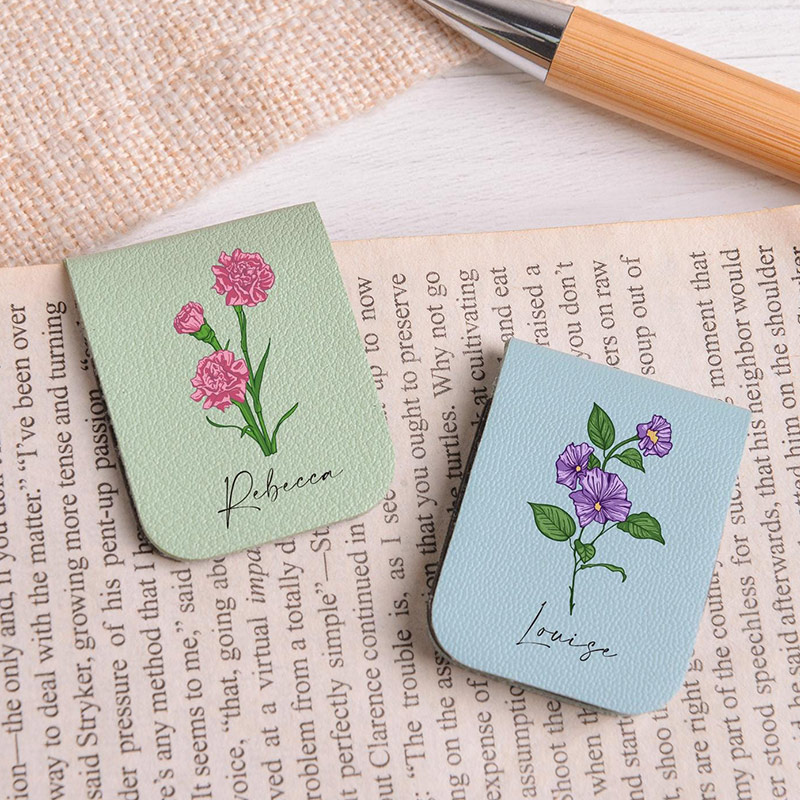 Personalized Magnetic Birth Flower Bookmark Custom Name Leather Bookmark Book Lover Gift Book Accessory