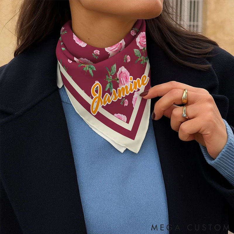 Personalized Vintage Birth Flower Soft Stain Square Scarf with Name Travel Party Accessory Birthday Gift for Women