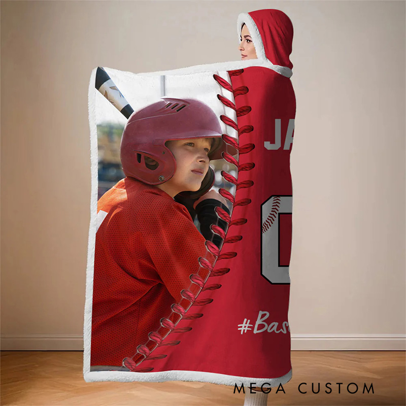 Personalized Photo Wearable Blanket Hoodie with Custom Name and Photo Baseball Mom