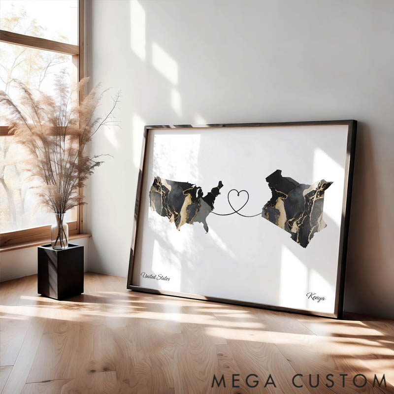 Personalized Canvas Art Travel Marble Two Country Connection Art Home Decor for Travel Lovers