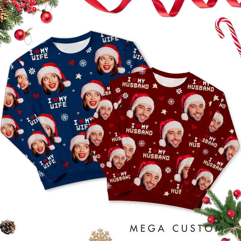 Personalized I Love My Wife Husband All-Over Ugly Sweater Couple Christmas Sweater Husband Wife Couple Edition Ugly Sweater Xmas Gift Sweater with Photo
