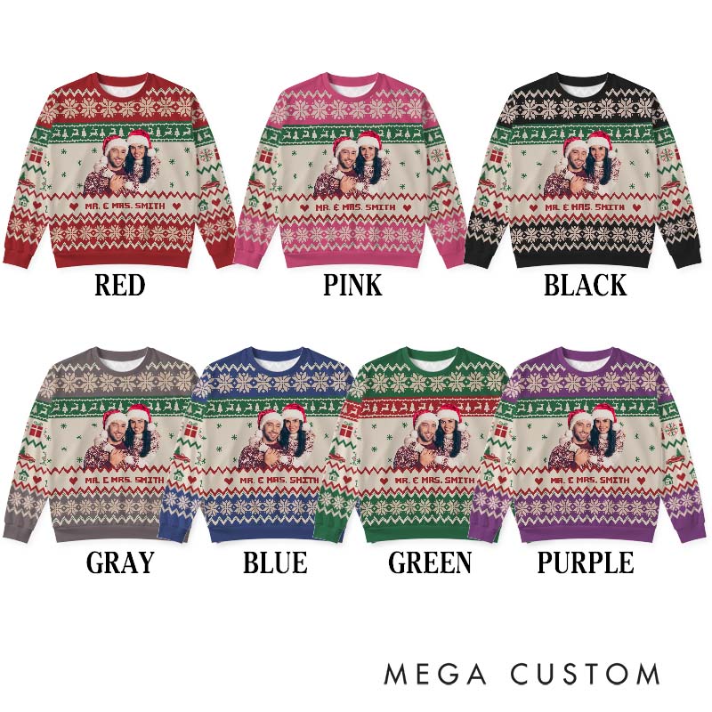 Personalized Couple Photo Christmas Ugly Sweater Custom Couple Face Xmas Matching Crewneck Sweatshirt Christmas Gift for Husband Wife