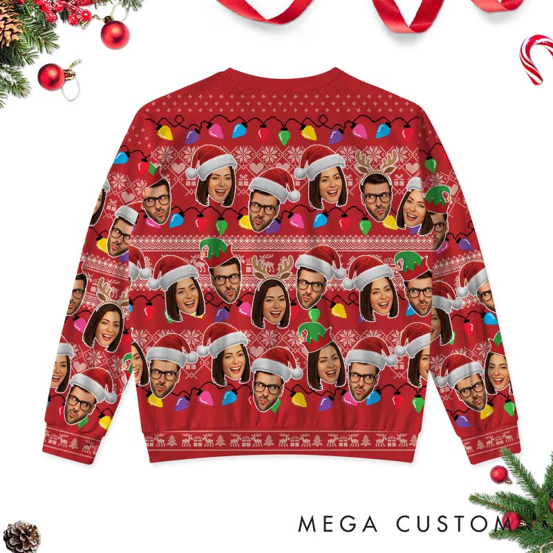 Personalized Couple Photo Patchwork Christmas Ugly Sweater Custom Couple Face Xmas Light Matching Crewneck Sweatshirt Christmas Gift for Husband Wife