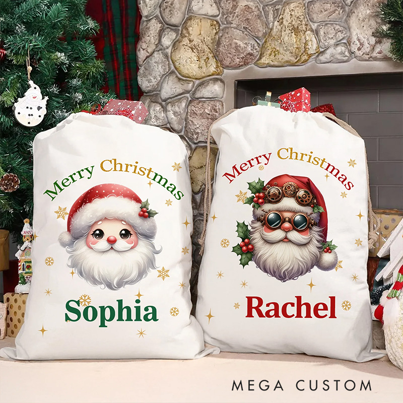 Personalized Merry Christmas Cute Cartoon Santa Claus Drawstring Canvas Christmas Gift Bag with Name Christmas Gift Religious Gift
