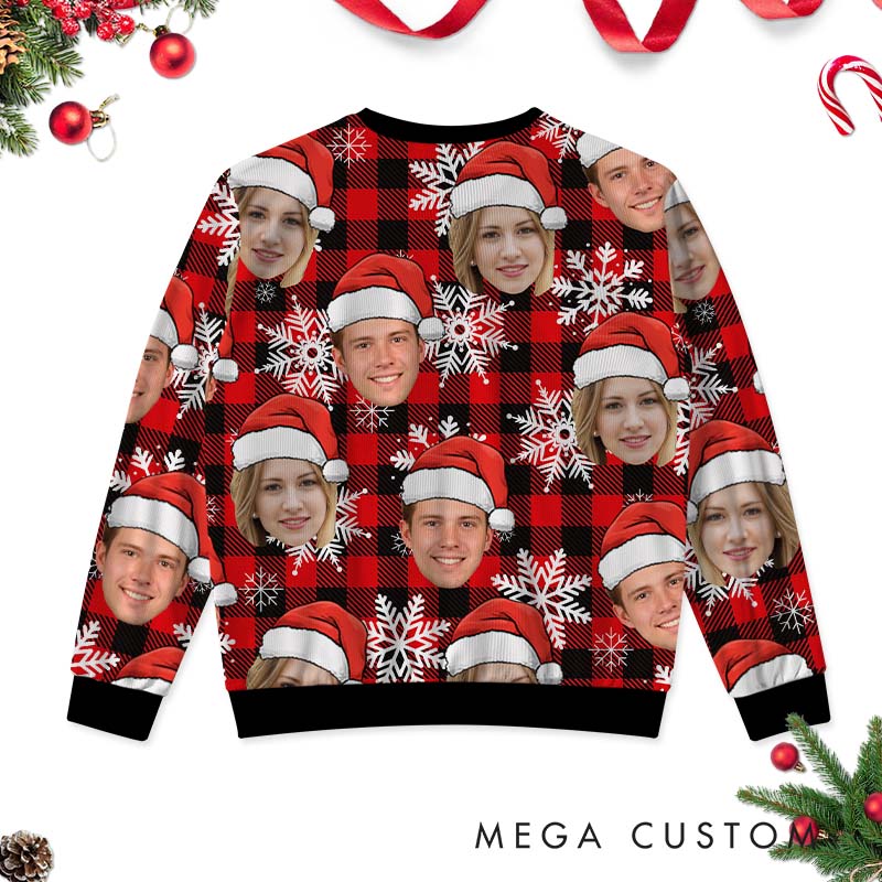 Personalized Funny Couple Red Plaid Christmas Ugly Sweater Custom Couple Face Photo Xmas Matching Crewneck Sweatshirt Christmas Gift for Husband Wife