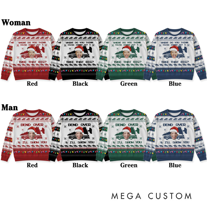 Personalized Funny Couple Bend Over and I'll Show You Christmas Ugly Sweater Custom Couple Face Photo Xmas Matching Crewneck Sweater for Husband Wife