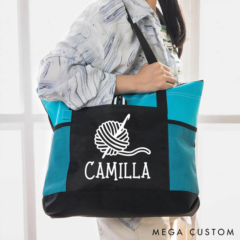 Personalized Knitted Design Large Mesh Tote Bag with Name Birthday Gift for Sewing Crocheting Lovers