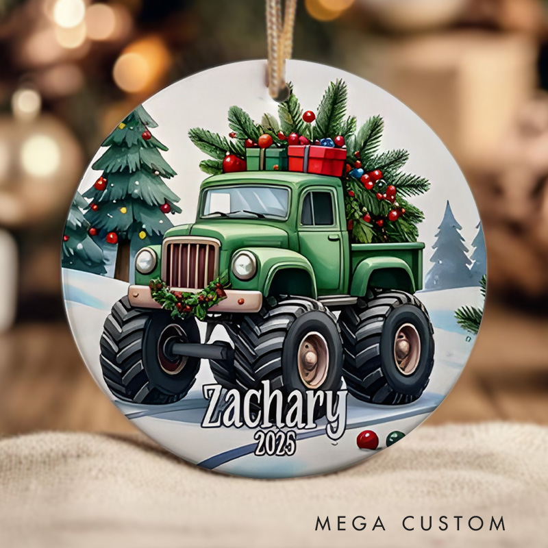 Personalized Monster Truck Christmas Ornament with Festive Decorations and Customizable Colors for Holiday Cheer