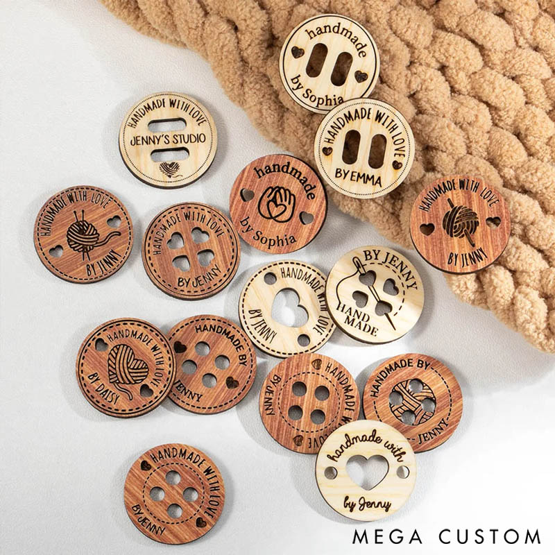 Personalized Handmade with Love Wooden Buttons Set of 10 Clothing Labels Gift for Mother Grandma Knitting Crocheting Lovers