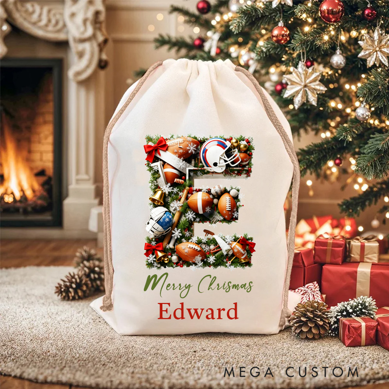 Personalized Christmas American Football Gift Bag with Custom Initial and Name Design
