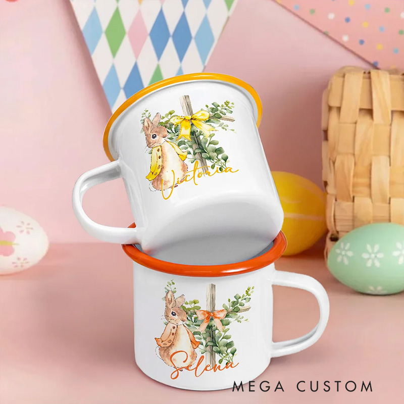 Personalized Cute Peter Rabbit Bow Cross Colored Rim Stainless Steel Enamel Mug with Name Easter Back to School Birthday Gift for Kids