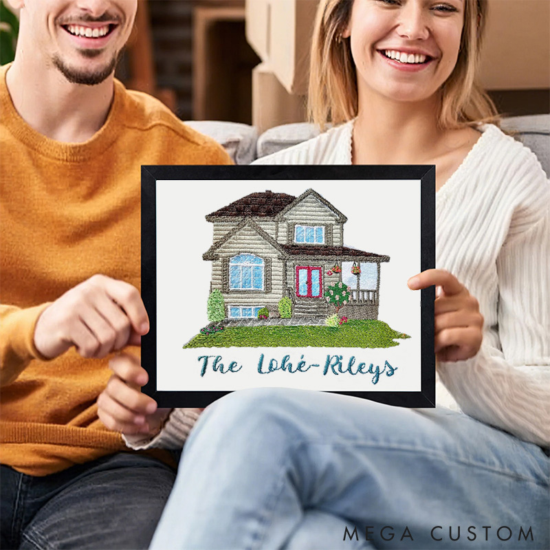 Personalized Embroidered House Photo Frame with Family Name Home Decor Wedding Housewarming Christmas Gift for Family Friends
