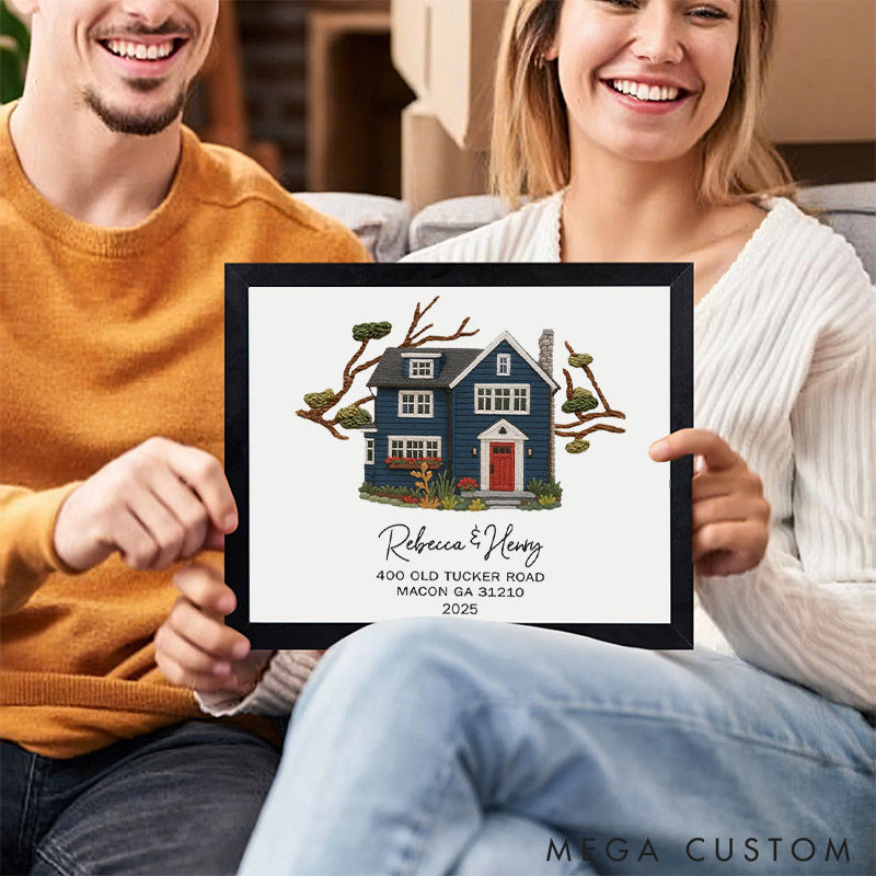 Personalized Embroidered House Photo Frame with Name Address Home Decor Custom Housewarming Gift from Photo New Home Wedding Christmas Gift for Family