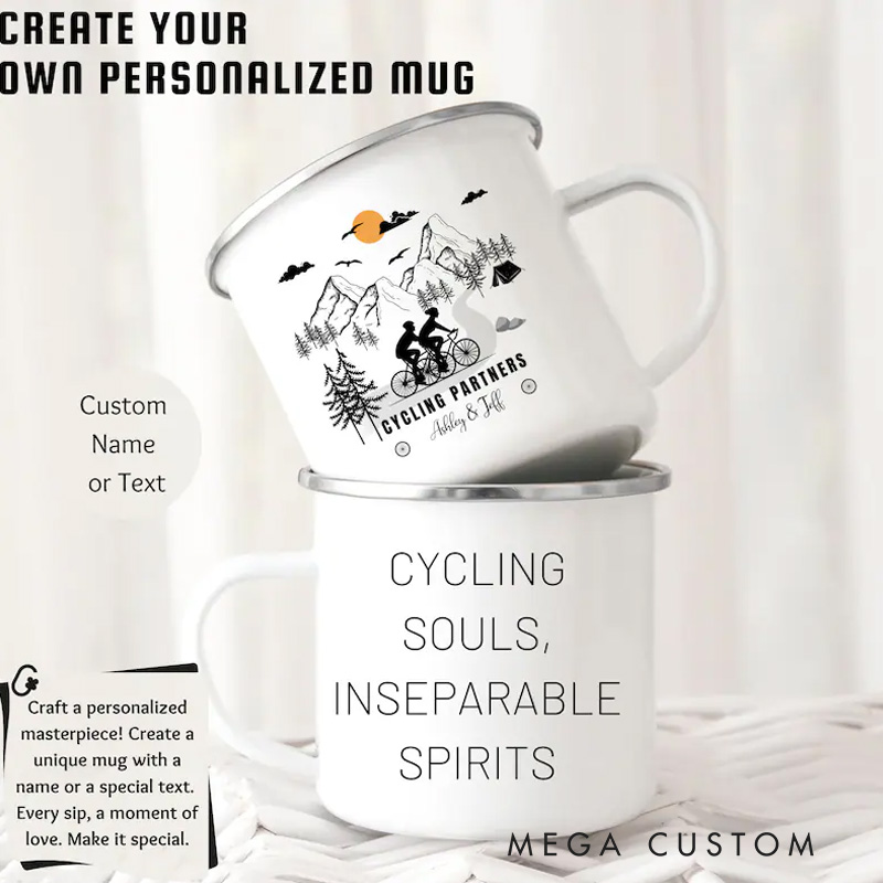 Personalized Cycling Partners Mug Couples Enamel Mug Mountain Bike Mug Cyclist Campfire Nature Lover