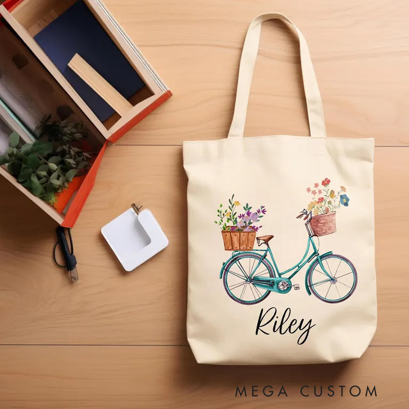 Personalized Bicycle Floral Tote Bag Vintage Bicycle Lover Gift Bag