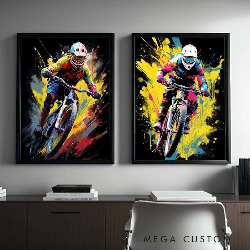Personalized Photo Mountain Bike Pop Art Prints Cycling Poster MTB Bike Wall Art Sports Printable Bicycle Downhill Sport Boys Room Art Decor