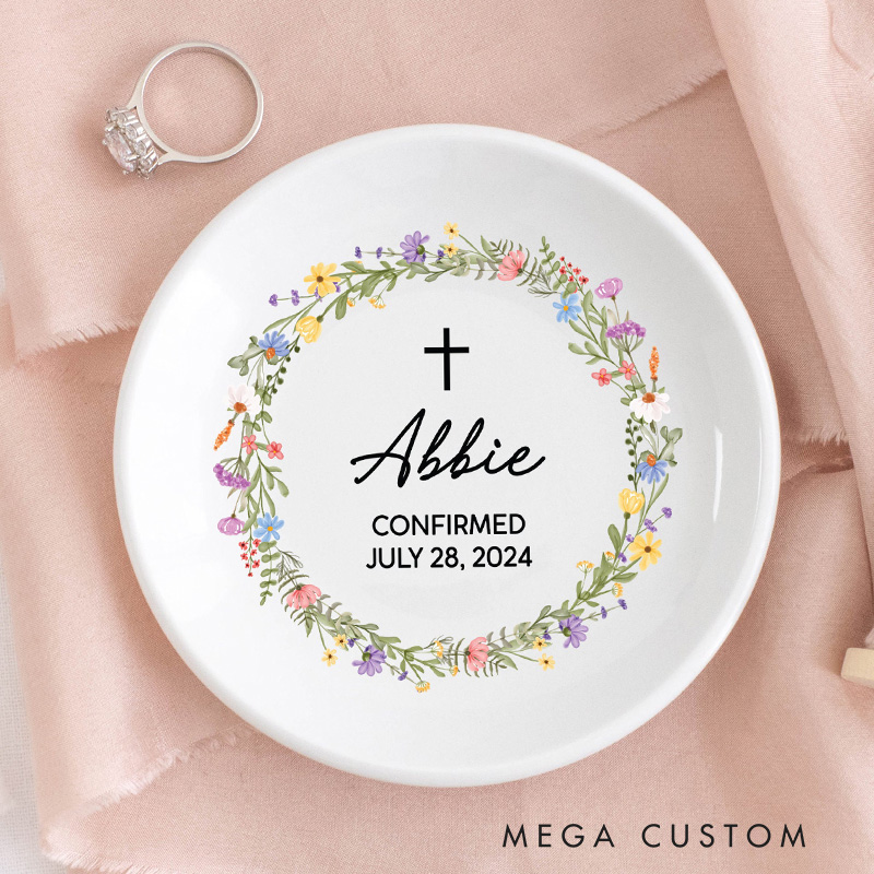Personalized Floral Wreath Ring Dish Jewelry Tray with Name and Text Confirmation Gift Religious Gift for Christians 