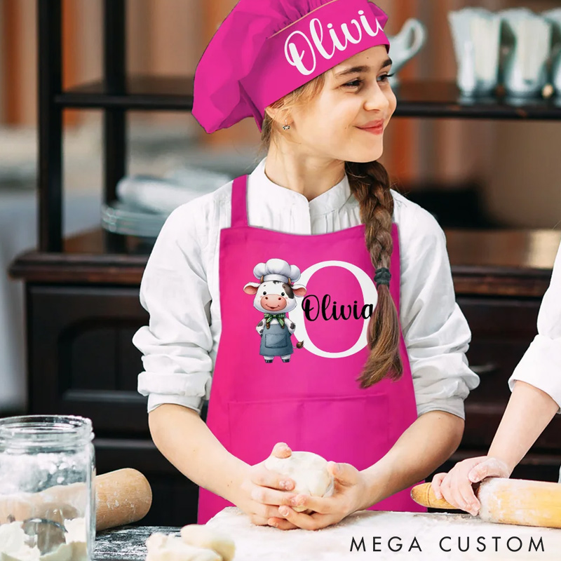 Personalized Lamb Dinosaur Animal Chef Initial Name Adjustable Apron Chef Hat Set with Pocket Cooking Baking Birthday Gift for Kids